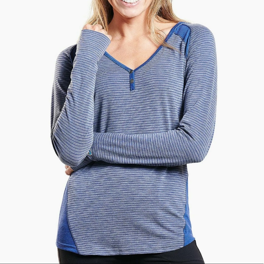 KUHL Trista Athletic Lightweight Hoodie V-Neck Top Thumb holes Striped Blue Sz S